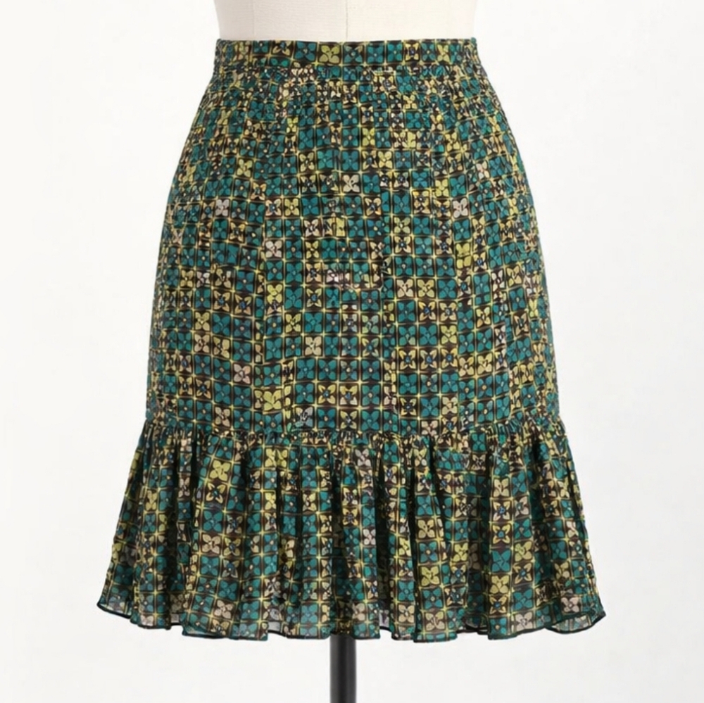 Worthington Petite Skirt Teal Green Brown Floral Ruffle Hem Size 8P
